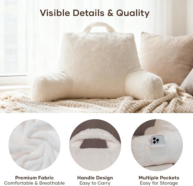 NOONTIDE Reading Pillow for Sitting up in Bed and Couch,Large Back Pillow for Adult & Teens with Soft Adjustable Neck Roll Backrest Pillow,Washable Cover,Watching TV/Gaming/Relaxing(FurryWhite)