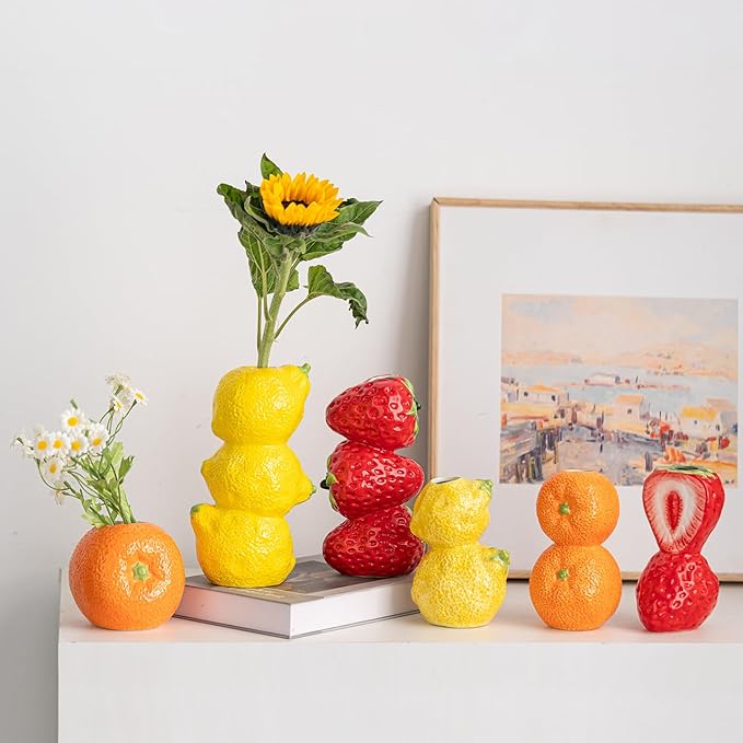 Cute Strawberry Figurine Decor Accent Piece, 7.8 inches Ceramic Strawberry Decor, Red Ceramic Bud Vase Dining Table Centerpieces for Home and Kitchen, Spring Summer Fruit Theme Vase