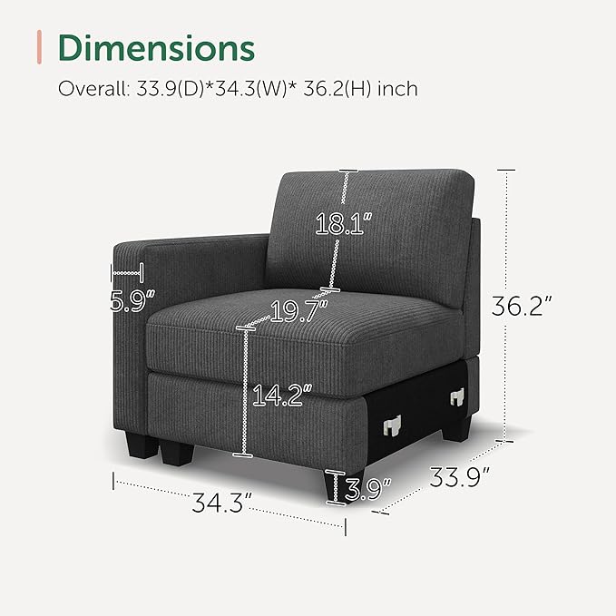 HONBAY Modular Sectional Sofa, Single Chair for Sectional Couch, Grey