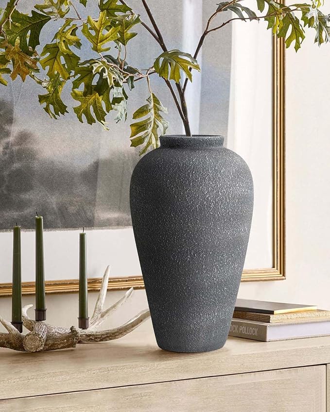 Large Ceramic Flower Vase 11 Inches, YBX Black Rustic Ceramic Vase, Decorative Farmhouse Tall Vase for Home Decor, Living Room, Bedroom, Centerpieces, Console, Wedding, Table Decorations, Black