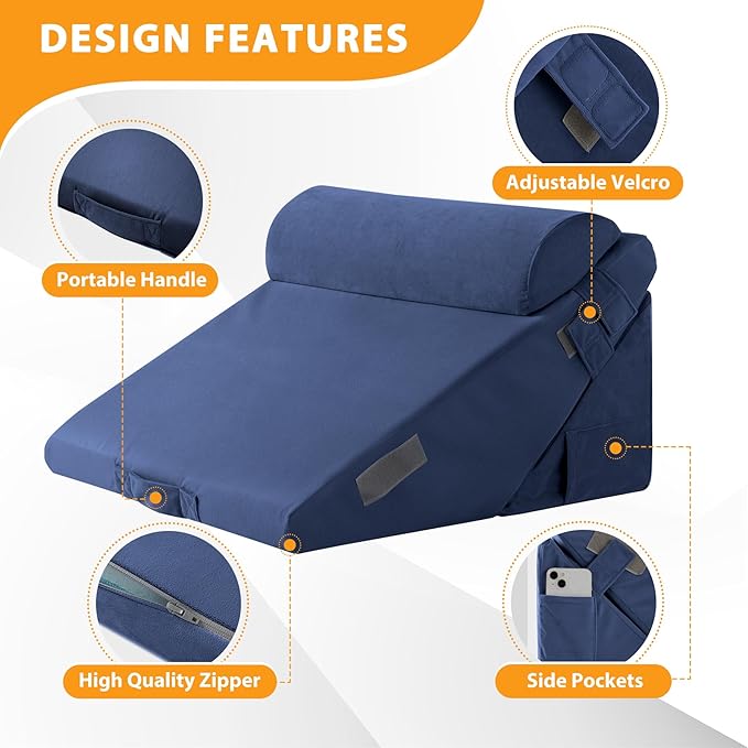 Ruqmuis 3PCS Wedge Pillow Set for After Surgery, Adjustable 9&12 Inch Bed Wedge Pillow for Sleeping, Incline Pillow Wedge for Headboard, Post Surgery, Acid Reflux, Neck&Back Support, Navy