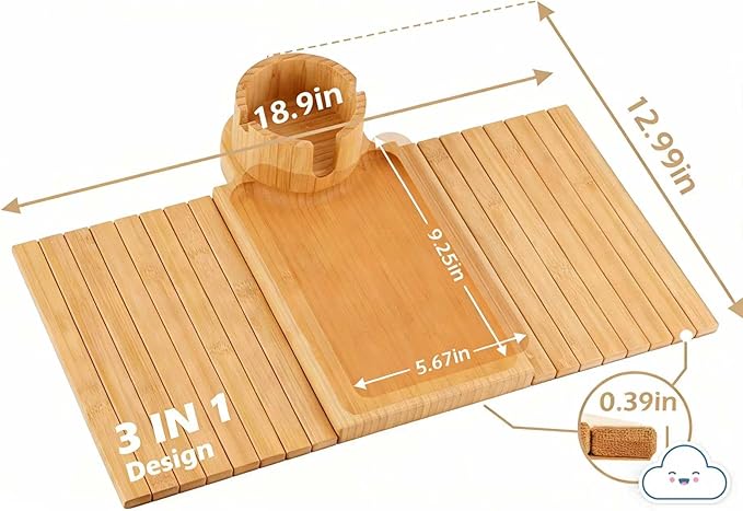 Bamboo Sofa Armrest Tray , 3 in 1 Large Couch Cup Holder Tray with Anti-Slip Pad, Stable Couch Arm Tray for Eating Drinking, Fits Wide Square & Flat Sofa/Couch Arms