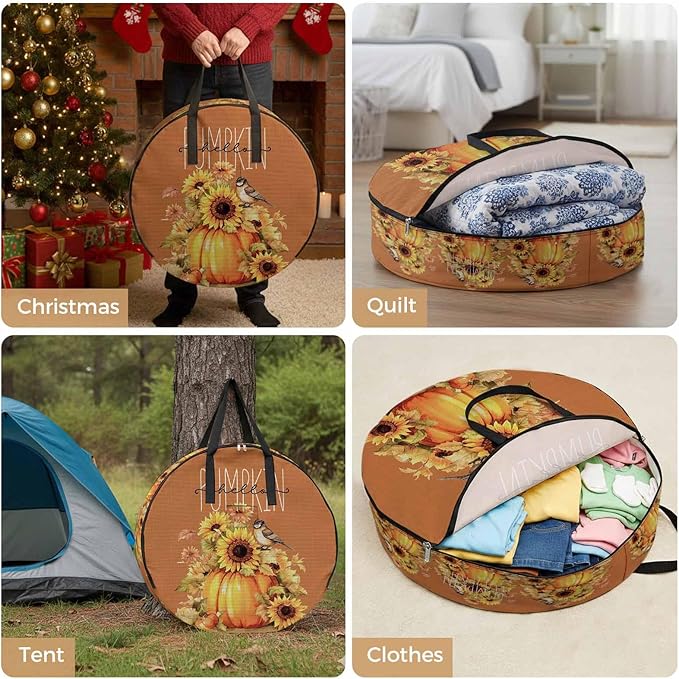 Hello Pumpkin Round Storage Bag 36 Inch, Thanksgiving Retro Sunflowers Clothes Storage Container with Handles Heavy Duty Organizer for Comforter, Bedding & Holiday Wreaths