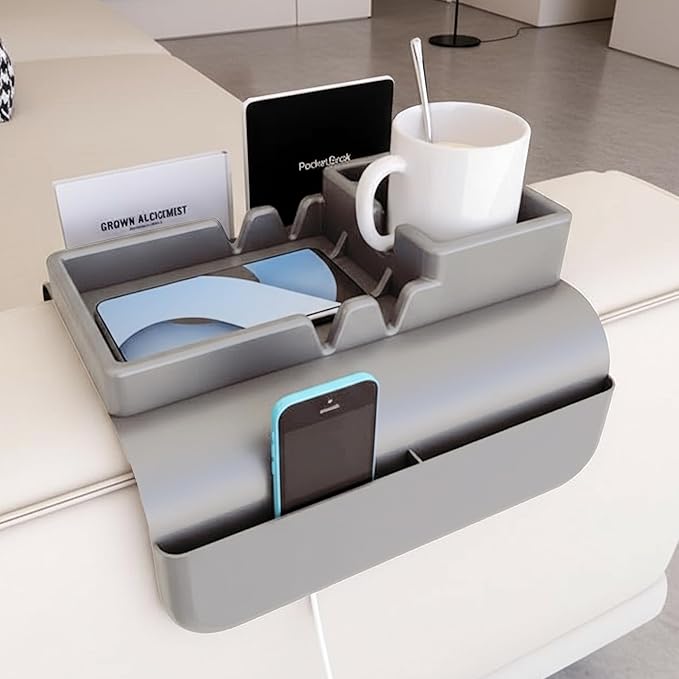 Couch Arm Cup Holder - Silicone Sofa Armrest Tray with 5 Side Pockets, Anti-Slip Armrest Recliner Armchair Caddy, Sofa Table Organizer for Drinks Tablet Remote Snacks Cellphone Cup (Grey)