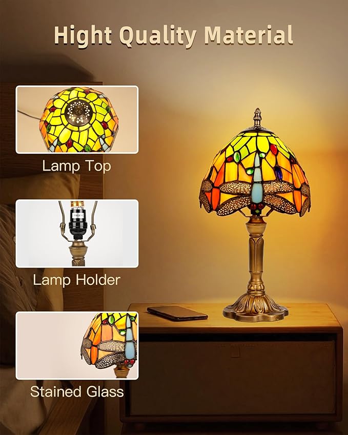 8" Tiffany Style Table Lamp, Dragonfly Small Stained Glass Night Lamp, Handmade Desk Bedside Antique Light for Living Room, Bedroom and Study, Ideal Art Gift for Family & Friends