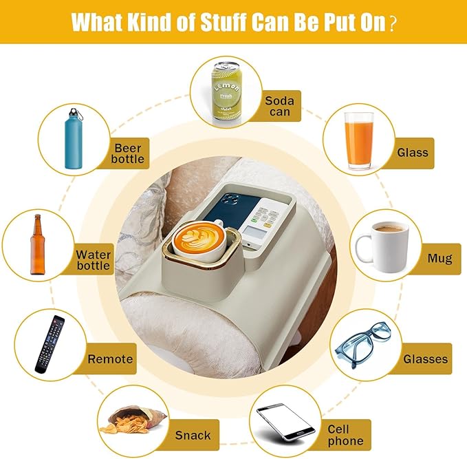 1 Pc Couch Cup Holder Tray Silicone Anti-Spill Anti Slip Sofa Armrest Drink Holder Weighted Couch Caddy Recliner Arm Table for Remote Controls, Phones, Cups and Snacks (White)