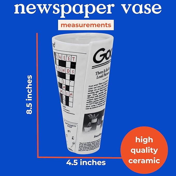 ban.do Vintage Inspired Newspaper Vase, Retro Ceramic Shelf Decor, Unique/Novelty/Eclectic Flower Vase, Newspaper