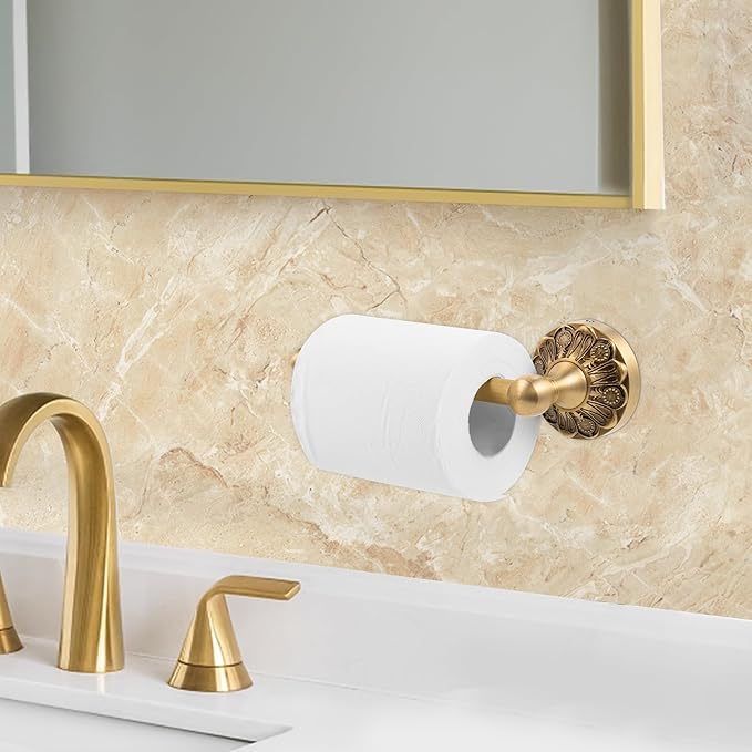 Antique Brass Toilet Paper Holder, Bathroom Tissue Roll Holder Wall Mount, Vintage Gold Decorative Bathroom Accessories, Brass Petal-Relief Series