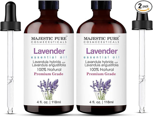 Majestic Pure Essential Oil with Glass Dropper - 100% Pure and Natural - Essential Oils for Diffuser, Aromatherapy, Soap and Candle Making, Lavender Essential Oil, Lavender Oil, 4 Fl Oz Pack of 2