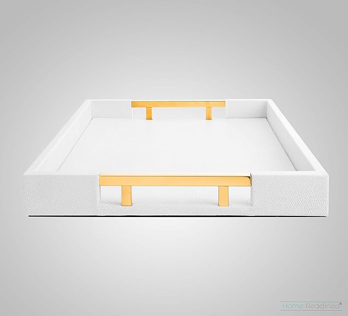 Home Redefined Modern Elegant 17.5"x12" Rectangle Glossy Faux Leather Shagreen White Decorative Serving Tray with Gold Polished Metal Handles for Ottoman Coffee Table Perfume