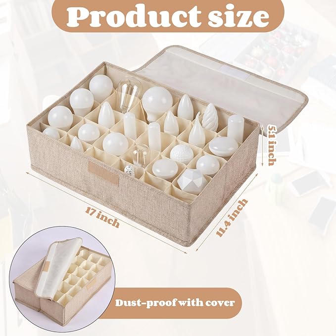 1 Pcs Light Bulb Organizer Storage Box Ornament Storage with 30 Dividers Foldable Bulbs Organizer with Lid Sturdy PP Board Fits Various Standard Dustproof Fabric Case for Home Vbs (Beige)