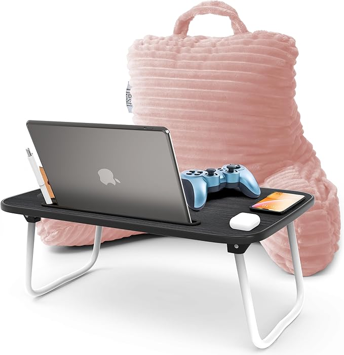Nestl Peach Beige Reading Pillow with Bed Desk for Laptop and Writing, Luxe Cut Plush Back Pillow for Sitting Up, Back and Arms Adjustable Support for Kids and Teens, Foldable Lap Desk for Bed 19x11”