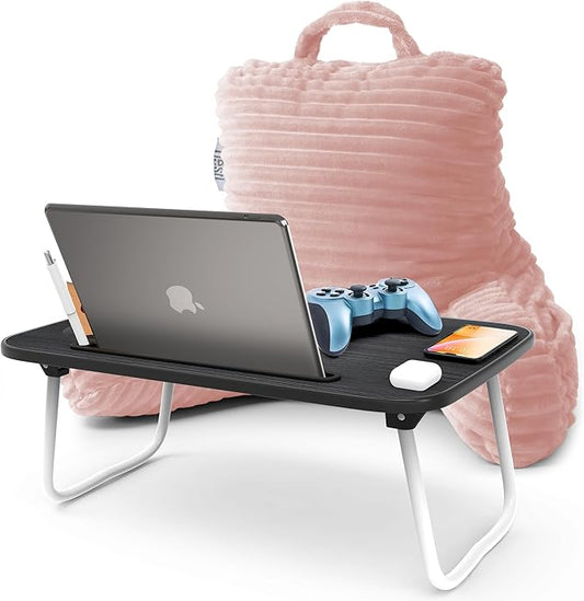 Nestl Peach Beige Reading Pillow with Bed Desk for Laptop and Writing, Luxe Cut Plush Back Pillow for Sitting Up, Back and Arms Adjustable Support for Kids and Teens, Foldable Lap Desk for Bed 19x11”