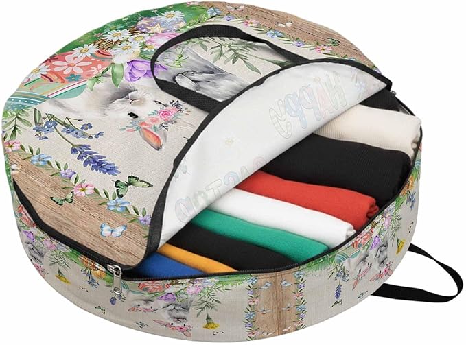 30 Inch Round Storage Bag 1 Pack,Wild Grey Animals Bunny with Easter Colored Egg Waterproof Wreath Storage Container with Handles&Zipper Spring Grass Closet Organizer Bags Garland Box
