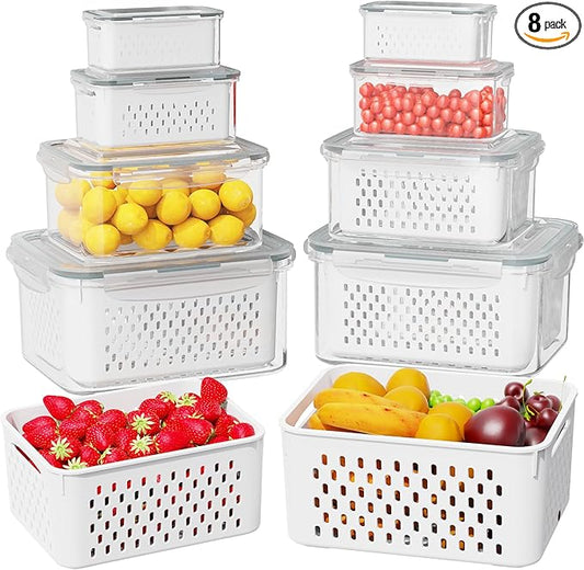 8 Pcs Fruit Storage Containers for Fridge (with Drain Basket) - Leak-Proof Food Containers, BPA-Free, Keep Fruits, Vegetables, Berries, and Meats Fresh for a Long Time, Dishwasher and Microwave Safe