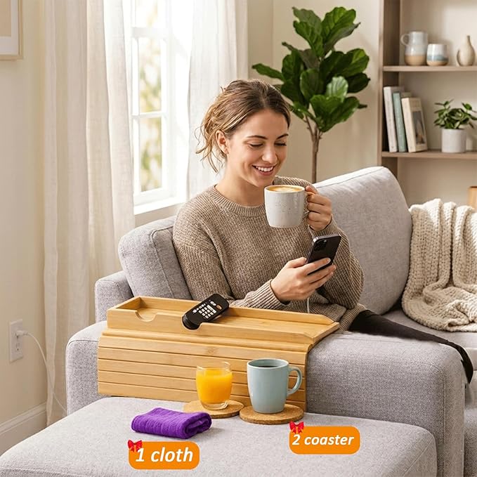 Bamboo Sofa Armrest Tray, 2-in-1 Bamboo Couch Arm Tray with Detachable Cup Holder, Foldable Non-Slip Sofa Armrest Table for Drinks, Phone, Remote & Snacks