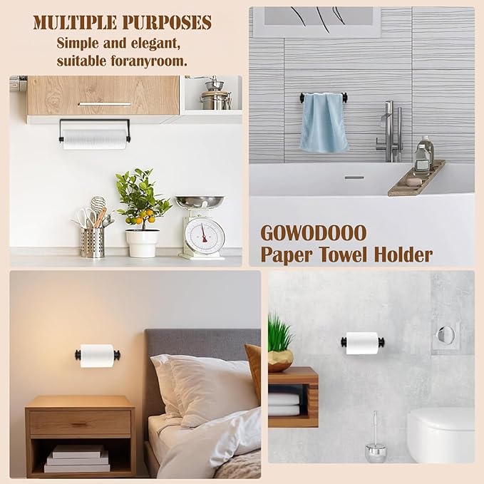 Paper Towel Holder Under Cabinet,Black Stainless Steel Under Counter Wall Mount,Paper Towel Holder,Waterproof and Rustproof Self-Adhesive Kitchen Roll Rack for Kitchen/Living Room/Bathroom