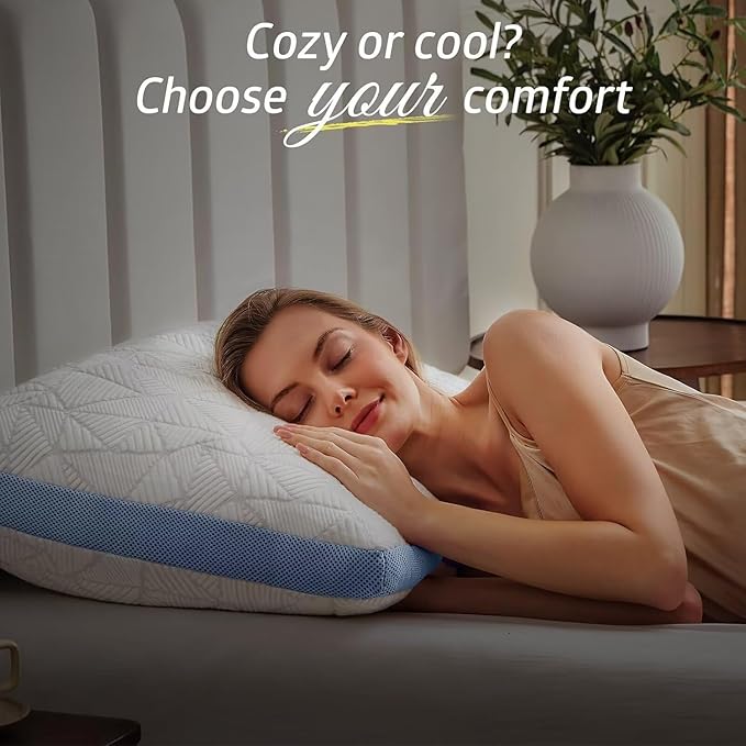 BETU Cooling Standard Pillow, Shredded Memory Foam Cool Pillow for Hot Sleepers, Adjustable Firm Soft Support Bed Pillows Perfect for Back Neck Pain and Side Sleeping with Pillows Case Cover, Blue
