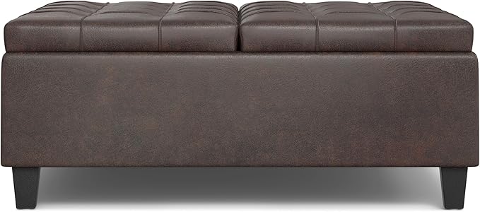 SIMPLIHOME Harrison Large Coffee Table Storage Ottoman - 40 inch Wide Upholstered Vegan Leather Square Lift-Top Ottoman in Distressed Brown, Transitional Bench for Living Room with Sturdy Base