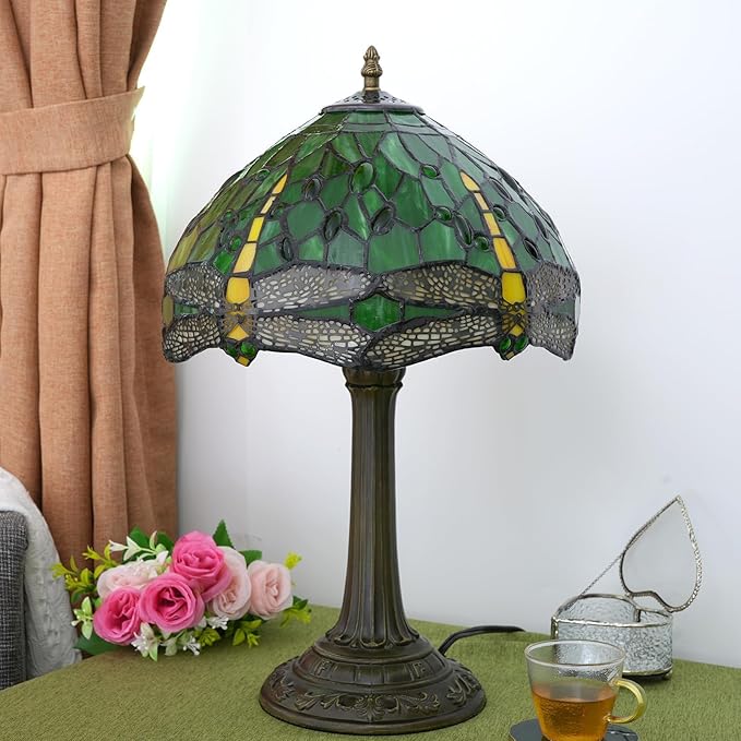 Tiffany Lamp Green Dragonfly Stained Glass Table Lamp 12X12X18 Inches Green Dragonfly Style Desk Reading Light Decor Beside Bedroom Living Room Home