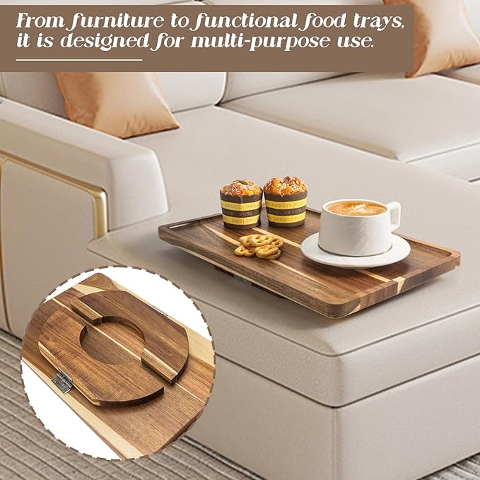 Acacia Wood Sofa Arm Tray, Folding Clip-On Couch Arm Tray, Sofa Armrest Trays for Drinks, Snacks, Phone, Remote Control