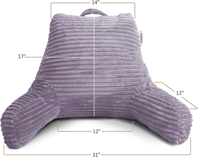 Nestl Dusty Purple Reading Pillow with Bed Desk for Laptop and Writing, Luxe Cut Plush Back Pillow for Sitting Up, Back and Arms Adjustable Support for Adult & Teens, Foldable Lap Desk for Bed 22x14”