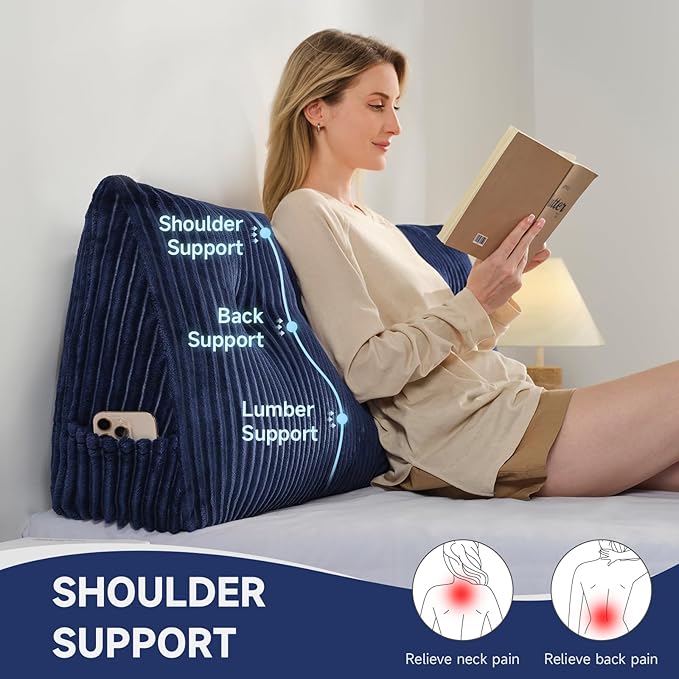 Z-hom Large Headboard Pillow Queen, NO ROLL Pillow, Wedge Pillow Headboard for Sitting Up in Bed, Backrest Support Triangular Cushion for Reading, Gap Pillow w/Removable Washable Cover,Blue