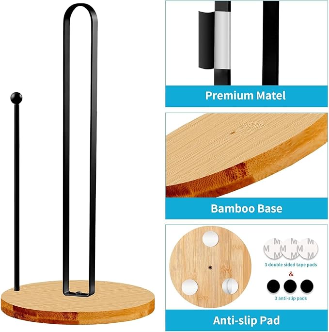 Wooden Paper Towel Holder Countertop, Kitchen-Towel-Holder FreeStanding with Side Bar for Kitchen Bathroom