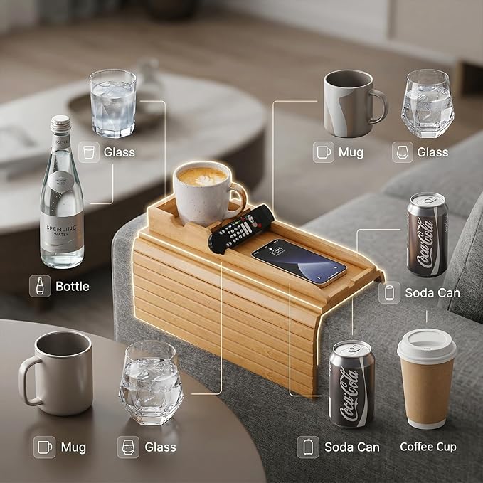 Bamboo Sofa Armrest Tray, 2-in-1 Bamboo Couch Arm Tray with Detachable Cup Holder, Foldable Non-Slip Sofa Armrest Table for Drinks, Phone, Remote & Snacks