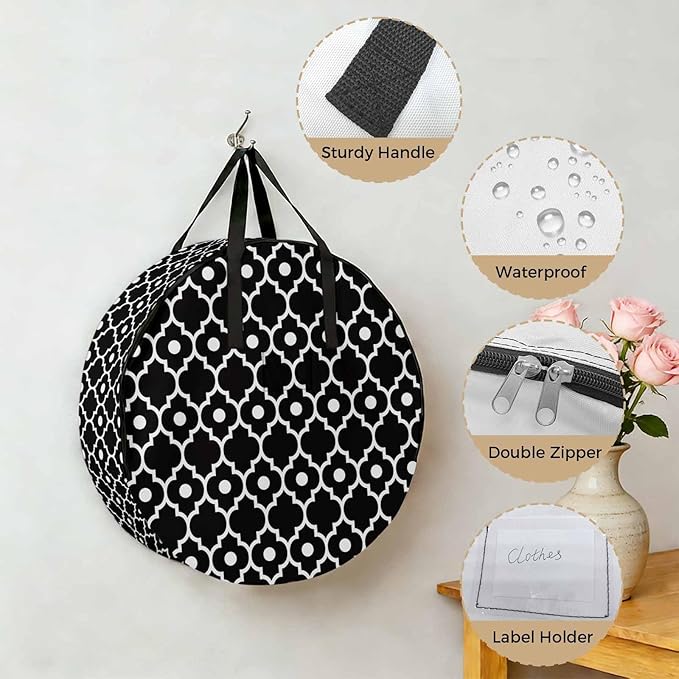 Storage Bag Retro Moroccan Design Round Storage Totes Bins Closet Organizers with Zippers & Handle Black Geometric Pattern Clothes Storage Container for Bedroom Dorm Space Saving Packing Supplies Bags