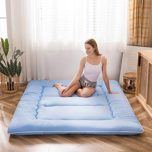 MAXYOYO Japanese Floor Mattress Futon Mattress, Thicken Sleeping Pad Foldable Roll Up Floor Futon for Adults Tatami Mat Dormitory Lounger, Dusty Blue, Queen Size