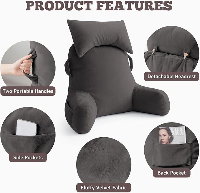 Unisakey Portable Reading Pillows with Headrest for Bed Sitting Up(Light Grey Oeko-Tex), Velvet Back Pillow with Arms & Pockets for Adults, Support Memory Foam Bed Pillow for Dorm/Watching/Gaming