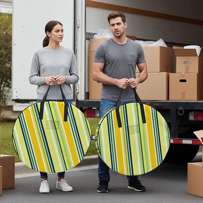 Storage Bag Yellow Stripes Round Storage Totes Bins Closet Organizers with Zippers & Handle Boho Style Lines Striped Clothes Storage Container for Bedroom Dorm Space Saving Packing Supplies Bags