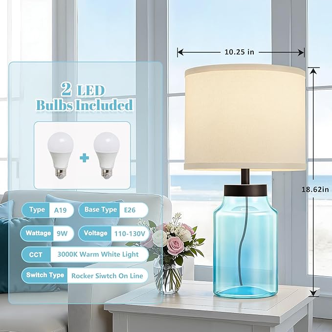 GyroVu Coastal Fillable Table Lamps, Bedside Lamps Set of 2 for Home Decor Nightstand Lamp with Clear Glass for Living Room Bedrooms Office Bulbs Included(Blue+White Shade)