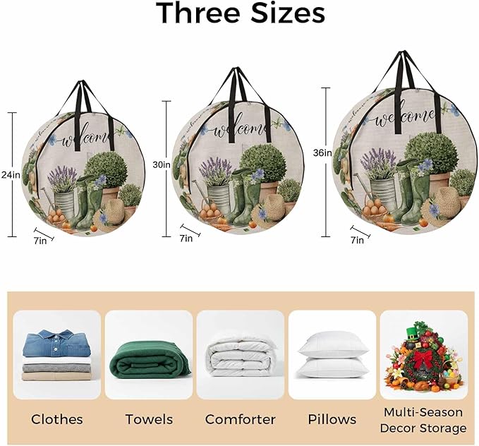 24 Inch Round Storage Bag 2 Pack,Farm Lavender Egg Radish Waterproof Wreath Storage Container with Handles&Zipper Retro Flowers on Linen Closet Organizer Bags Garland Box
