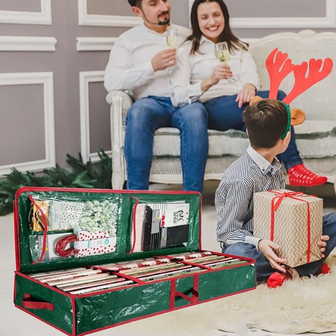 Wrapping Paper Storage Container, Xmas Gift Wrap Organizer With Pockets, Under Bed Storage Bin For All Christmas Accessories Christmas Storage Organizer (Green)