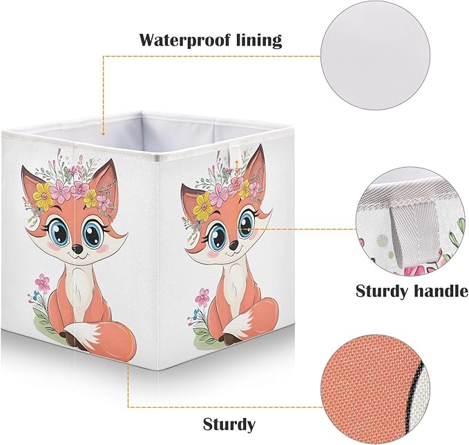 Foldable Storage Cube Fox Flowers Wreath Organizer Basket for Home Shelf