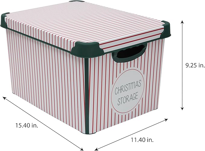 Simplify Christmas Stripe Design Holiday Tote Bin Ornament Storage | Holds 60 Ornaments | Removeable Lid | Easy Carry Handles | Christmas Storage | Green
