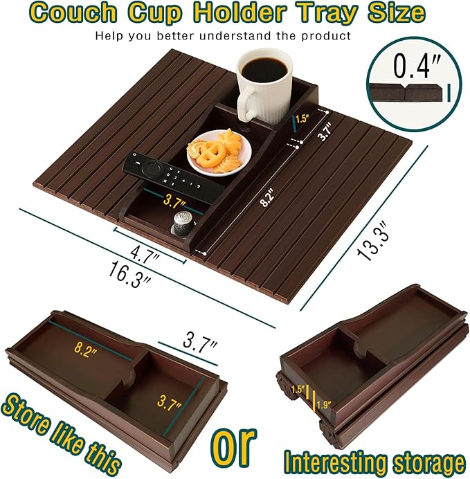 Bamboo Couch Cup Holder Arm Tray Table，Couch Drink Holder，Sofa Cup Holder Armrest Tray，Anti-Slip Foldable Arm Chair Table Tray Recliners for Drink,Cups, Snacks, Phone, Remote