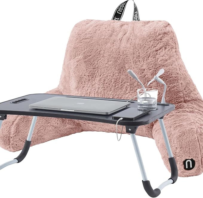 Nestl Fur Reading Pillow with Laptop Lap Desk, Stylish Back Pillow for Sitting Up, Lap Desk with Reading Pillows for Sitting in Bed Adult & Kids, Faux Fur Chair Pillow with Arms - Peach Beige