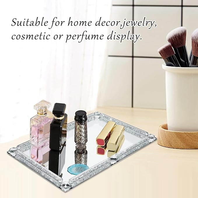 Large Crystal Tray, Glass Mirror Modern Jewelry Trinket Trays with Crushed Diamond, 15.7" x 11.8" Rectangular Makeup Perfume Tray for Bathroom Bedroom, Home Decor, Hotel Banquet, Party (Silver C)