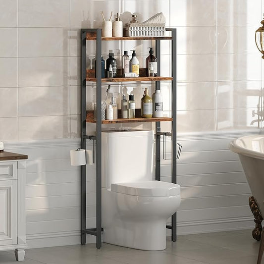 MAHANCRIS Over The Toilet Storage Rack, 3 Tier Bathroom Organizer Over Toilet, Freestanding Space Saver Toilet Stand with 2 Hooks, Bathroom Storage Shelf, Easy to Assemble, Rustic Brown TSHR6001