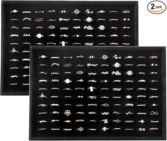 Large Velvet Jewelry Tray 2 Pack Stackable Jewelry Display Drawer Inserts Trays Organizer for Earring Bracelet Necklace Ring (Black, Ring 81 Slots)