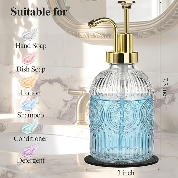 SheeChung 12Oz Vintage Glass Bathroom Soap Dispenser, Kitchen Dish Soap Dispenser with Pump, Refillable Liquid Hand Soap Bottle, Lotion, Antique Rustic Farmhouse Decor (Clear-Gold Pump, 1 Pack)