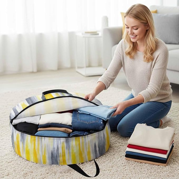 24 Inch Round Storage Bag 2 Pack,Grey Yellow Abstract Texture Waterproof Wreath Storage Container with Handles&Zipper Retro Graffiti Closet Organizer Bags Garland Box