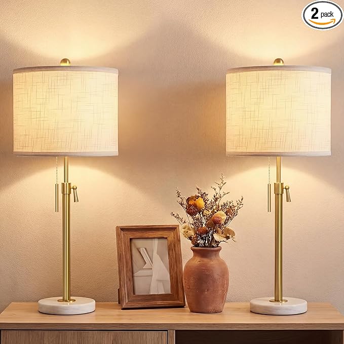 Qingmiao Gold Table Lamps Set of 2, 22" to 30" Adjustable Nightstand Lamps for Bedroom, Dimmable End Table Lamps for Living Room Console Entry Farmhouse Home Decor, New House Warming Gifts