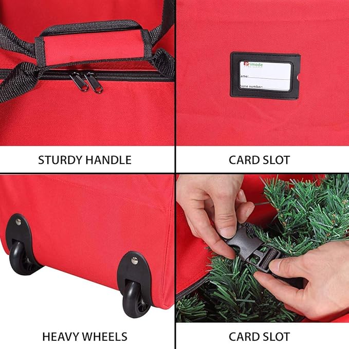 Primode Christmas Rolling Tree Storage Bag, Fits Up to 7.5 Ft. Tall Disassembled Holiday Trees, 22" H X 16" W X 50" L, Large Heavy Duty Storage Container with 2 Wheels and Handles (Red)