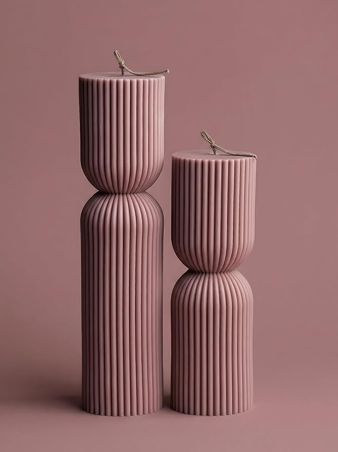 LAWA Hourglass Pillar Candle - Large Beautiful Handmade Soy Wax Candle Elegant Bubble Aesthetic Housewarming Gift Home Room Shelf Decor Idea White Dusty Rose (Set of 2)