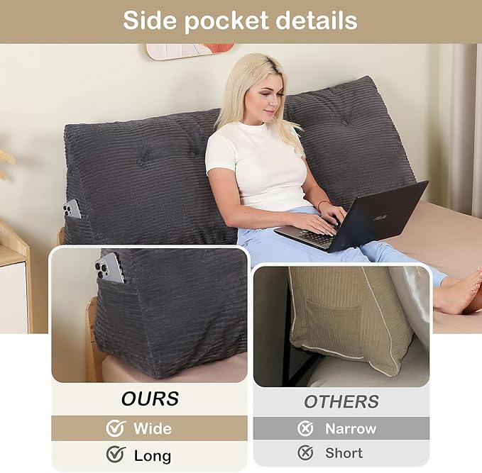Headboard Pillow King, Wedge Headboard Pillow for Bed Sofa, Triangular Backrest Pillow with Removable Cover for Reading, Working, Sitting, Dark Grey