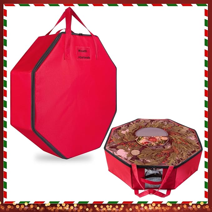 BrilliantJo 2 Pack Wreath Storage Hard shell Christmas Decorations Case Bag with Interior Pockets 600D Oxford Fabric 24 Inch Xmas Container Box for holiday Zipper and Handles Labeling Card Slot Red